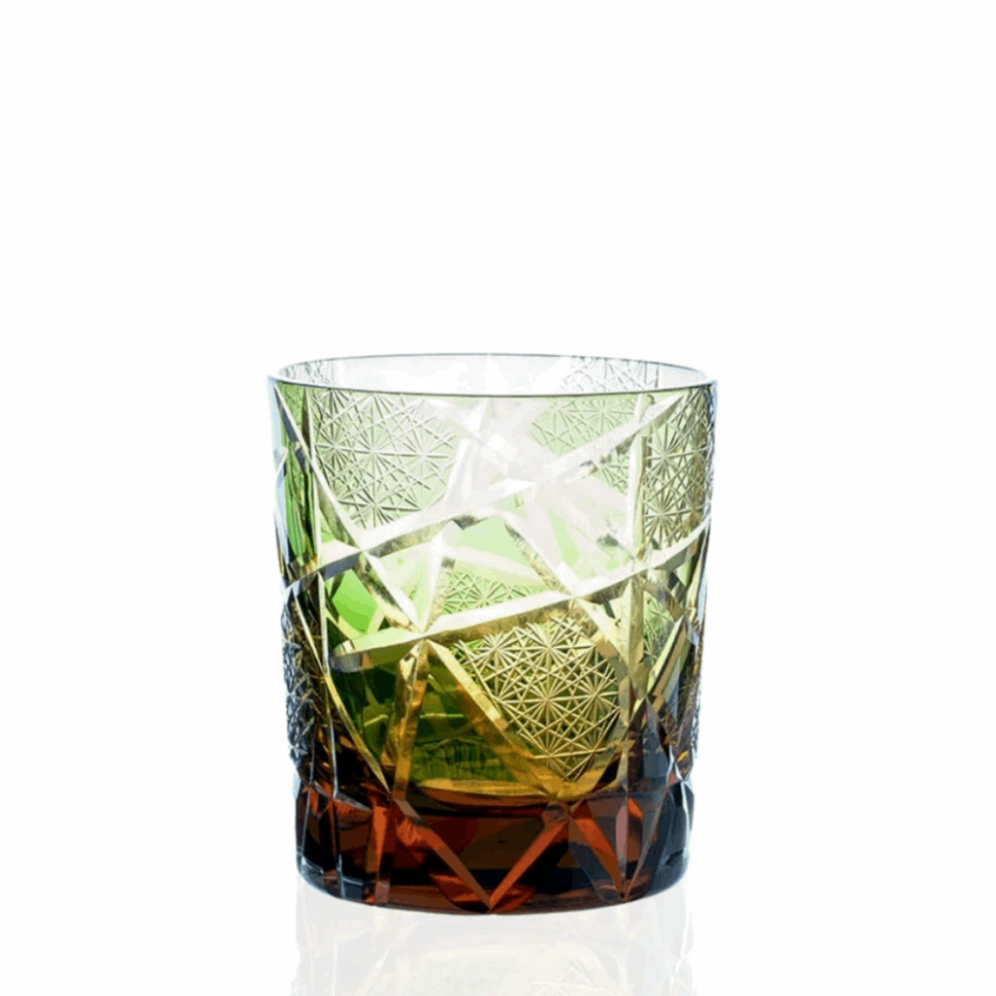 Grünes bernsteinfarbenes Whiskyglas aus Edo-Kiriko-Kristall – IRO